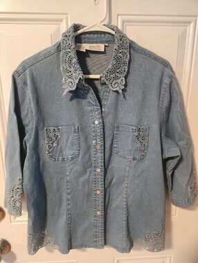 Vintage Variations Embellished Light Wash Denim Shirt with Crochet Collar